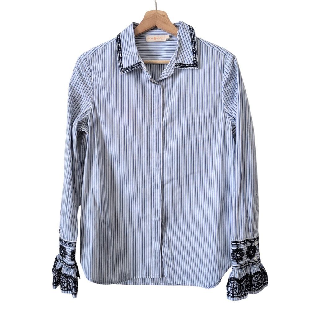 Tory Burch Blue Striped Embroidered Ruffle Cuff Button Down Shirt 6 Coastal Chic